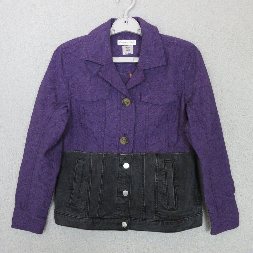 Coldwater Creek Jacket Womens Petite 8P Purple Black Upcycled Denim Button Front